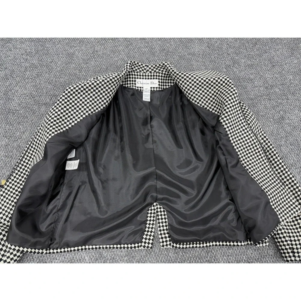Vintage Christian Dior Women's 10P Crop Full Zip Houndstooth Jacket Blazer USA
